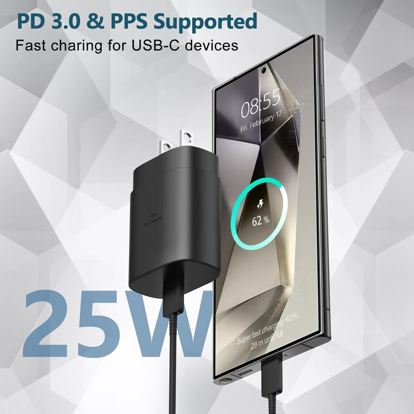 USB-C Fast Charger – 25W Super Fast Charging for Samsung Galaxy with 6.6FT Cable