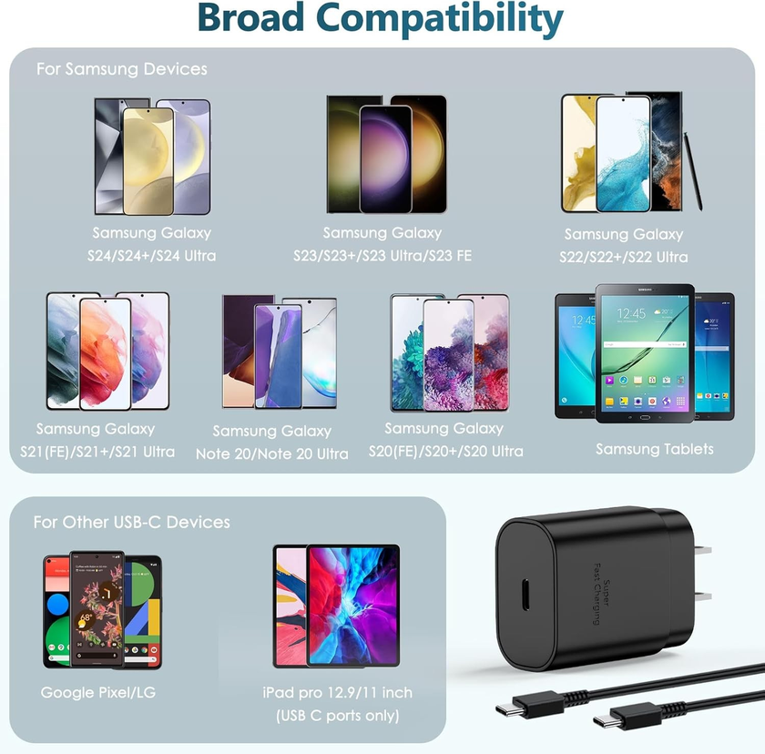 USB-C Fast Charger – 25W Super Fast Charging for Samsung Galaxy with 6.6FT Cable